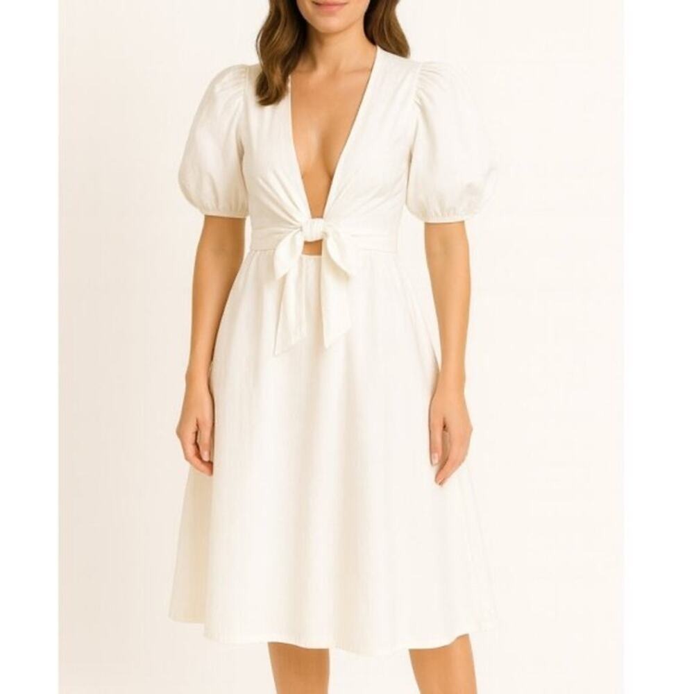 Choosy Plunge Neckline Puff Sleeve Dress White Large Romantic Feminine Coquette